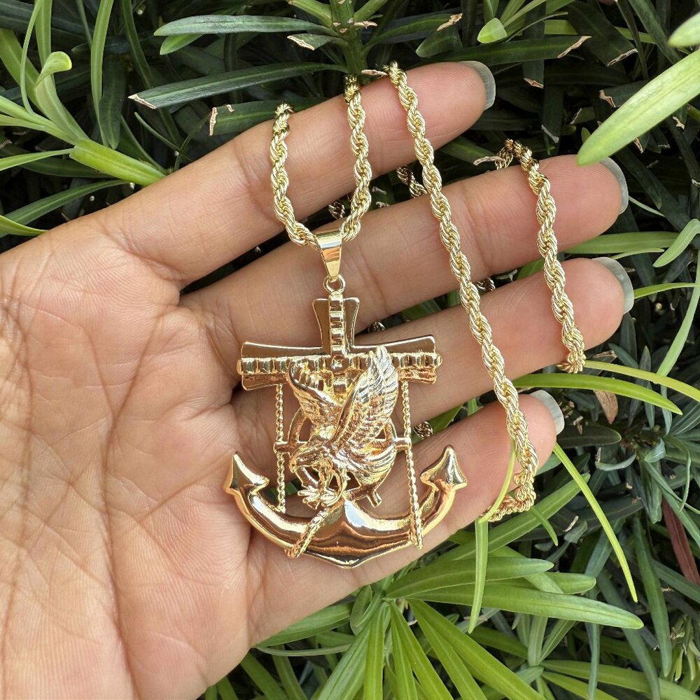 Sailor Eagle Anchor Pendant Rope Torch Necklace 14K Gold Plated Luxury Hip Hop